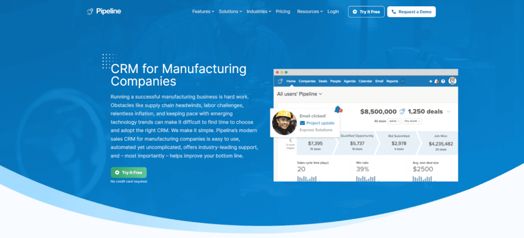 1. Pipeline CRM- Best Manufacturing CRM for Sales-focused Contractors