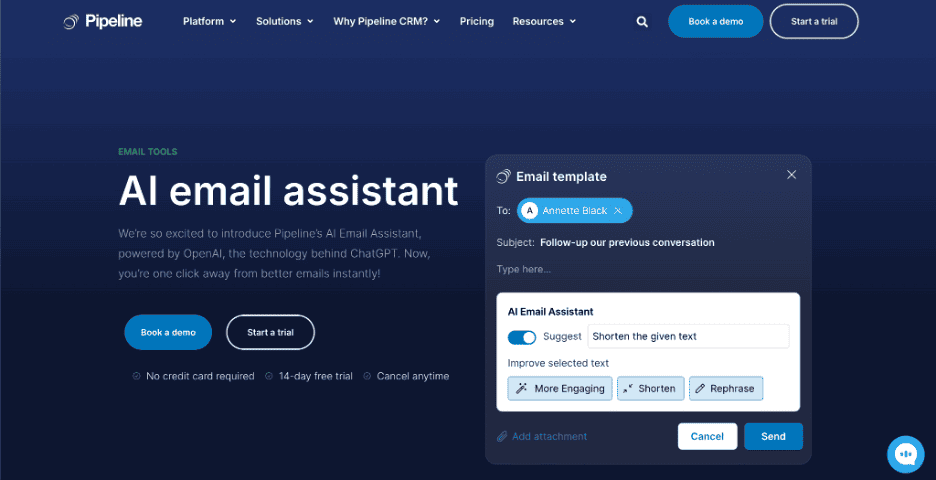 Screenshot of Pipeline CRM's AI email assistant, showcasing its ability to suggest and refine email content for sales outreach.