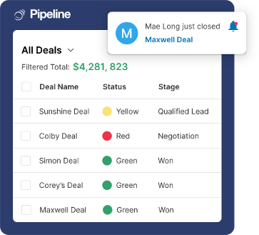 A CRM dashboard from Pipeline CRM showing an overview of deals, statuses, and sales pipeline metrics to help construction sales teams track progress.