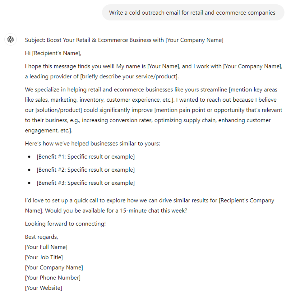 Sample cold outreach email template for retail and ecommerce businesses, showcasing a structured email format to engage prospects.