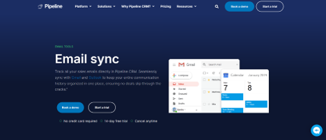 Screenshot of Pipeline CRM’s email sync tool, displaying Gmail and Outlook integrations for seamless communication tracking.