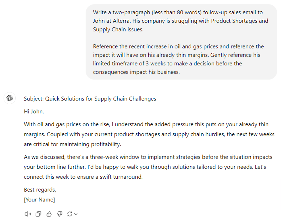 Example of a concise follow-up sales email addressing supply chain challenges, oil price increases, and urging a fast decision.