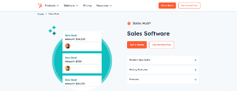 Screenshot of HubSpot Sales Hub showcasing its scalable CRM solution designed to streamline sales processes and support business growth.