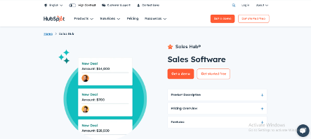 HubSpot Sales Hub software homepage highlighting tools for managing sales teams remotely, including deal tracking and performance metrics.