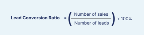 Formula for calculating lead conversion ratio: number of sales divided by number of leads, multiplied by 100%.