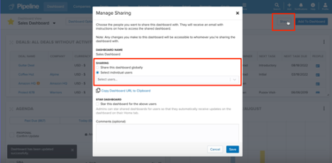 Screenshot of Pipeline CRM's 'Manage Sharing' window, with options to share the dashboard globally or with selected users.