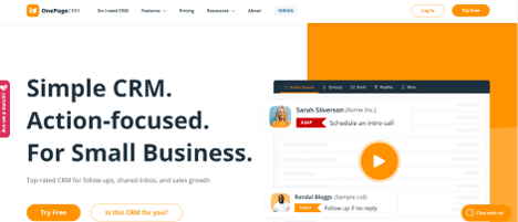 Screenshot of OnePageCRM's homepage showcasing its CRM tool designed specifically for small businesses to streamline customer management.