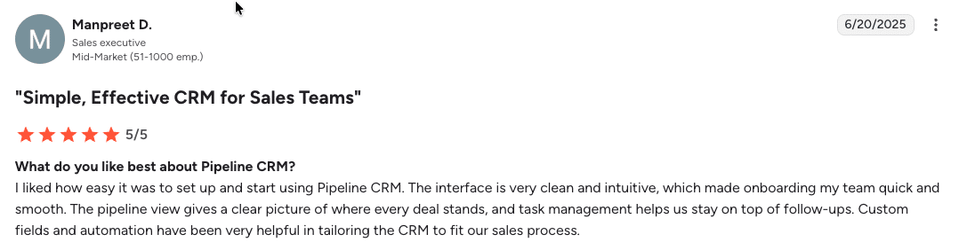 PIpeline CRM Google Workspace G2 review