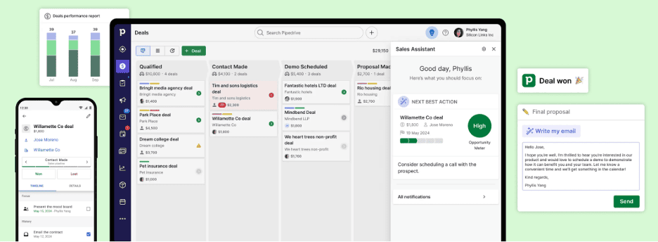 Screenshot of Pipedrive CRM dashboard showcasing deal tracking and sales pipeline visualization tools.