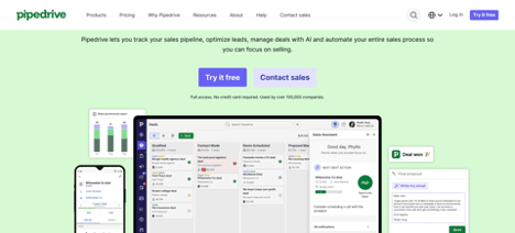 Screenshot of Pipedrive's sales CRM dashboard showcasing tools for tracking sales pipelines, optimizing leads, and automating sales processes.