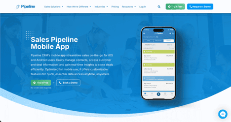 Screenshot of Pipeline CRM highlighting its sales-focused features and robust mobile CRM app designed for managing leads and sales on the go.
