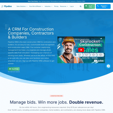 Screenshot of Pipeline CRM's homepage emphasizing its features for contractors and builders, including bid management and sales optimization.