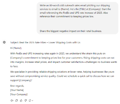 A sales email template addressing the 2025 FedEx and UPS rate hikes, helping companies manage increased shipping costs effectively.