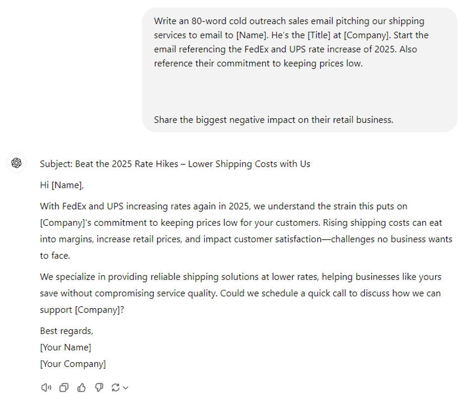 Cold sales email example addressing shipping rate hikes in 2025, emphasizing cost-saving solutions for retail businesses.