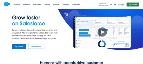 Screenshot of Salesforce's homepage highlighting its scalable CRM platform for connecting data, teams, and processes with AI-driven tools