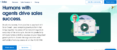 Salesforce Sales Cloud homepage promoting its all-in-one growth platform for sales team collaboration and productivity, ideal for remote teams.