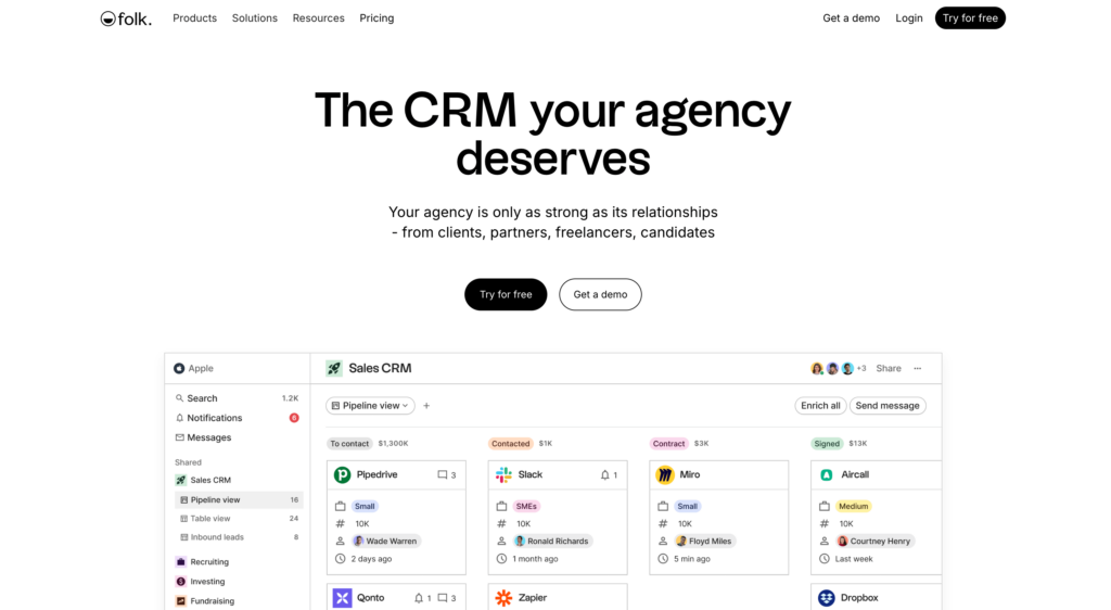 Folk CRM - best agency CRM list by Pipeline CRM