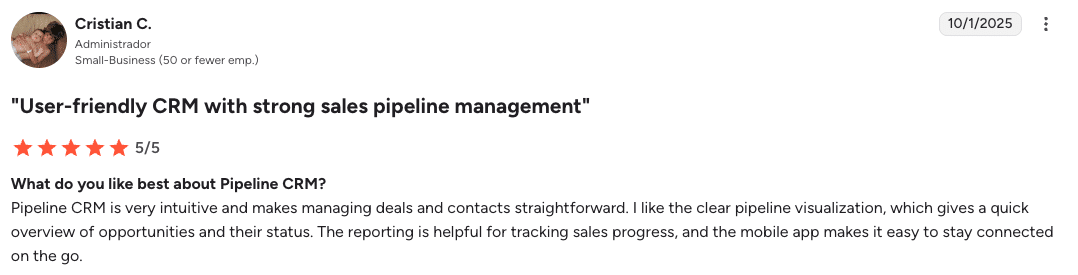 Pipeline CRM landscaping CRM G2 review
