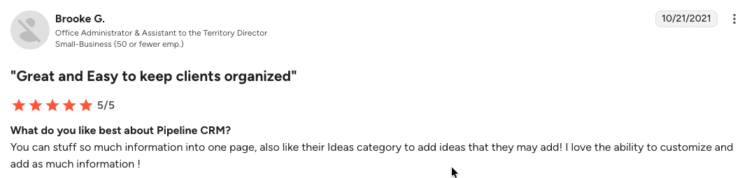 Pipeline CRM G2 review for QuickBooks integration