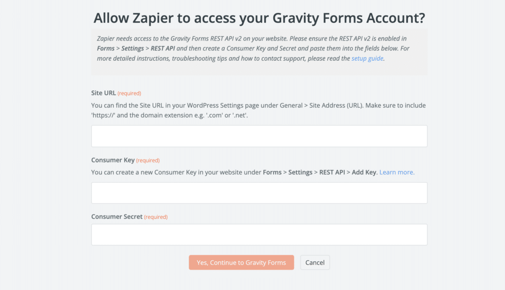 Zapier Gravity Froms Access Window