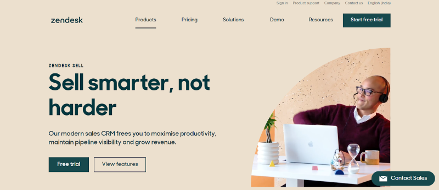 Zendesk Sell homepage highlighting its modern CRM tools to optimize productivity, manage pipelines, and grow revenue for remote sales teams.