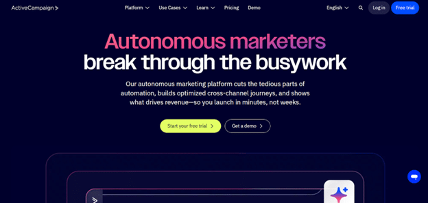 ActiveCampaign CRM platform homepage showcasing automation focus