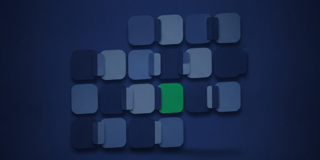 Editorial illustration of matte navy tiles, each paired with a slim companion panel, one emerald, for the Pipeline CRM guide to Gmail CRMs