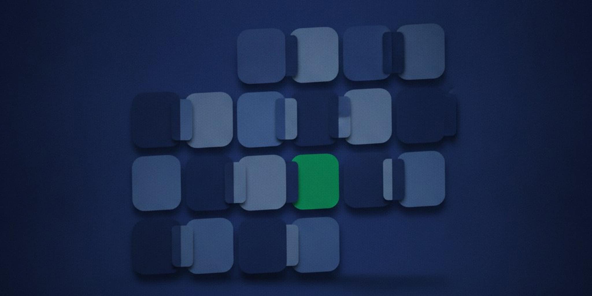 Editorial illustration of matte navy tiles, each paired with a slim companion panel, one emerald, for the Pipeline CRM guide to Gmail CRMs