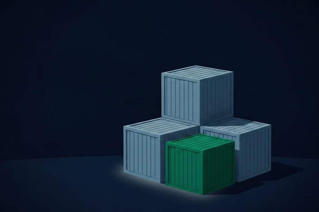 Editorial illustration for the Pipeline CRM best logistics and transportation CRM guide: a tight pyramid cluster of four matte cargo crate forms in calm three-quarter elevation, one emerald crate sitting forward as the focal piece, set on a dark navy field with soft contact shadows.