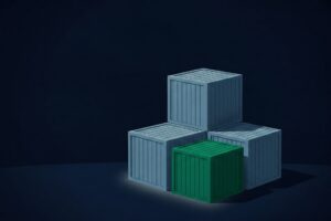 Editorial illustration for the Pipeline CRM best logistics and transportation CRM guide: a tight pyramid cluster of four matte cargo crate forms in calm three-quarter elevation, one emerald crate sitting forward as the focal piece, set on a dark navy field with soft contact shadows.