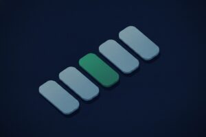Abstract editorial illustration for Pipeline CRM's best CRM with project management guide: a row of matte stage tiles with one emerald tile marking the standout pick