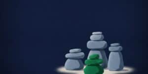 Editorial illustration for the Pipeline CRM best field sales CRM guide: a tight asymmetric cluster of three matte sculptural cairn forms in three-quarter elevation, one emerald cairn sitting forward as the focal piece, evoking the wayfinding cairns that mark routes through remote terrain.