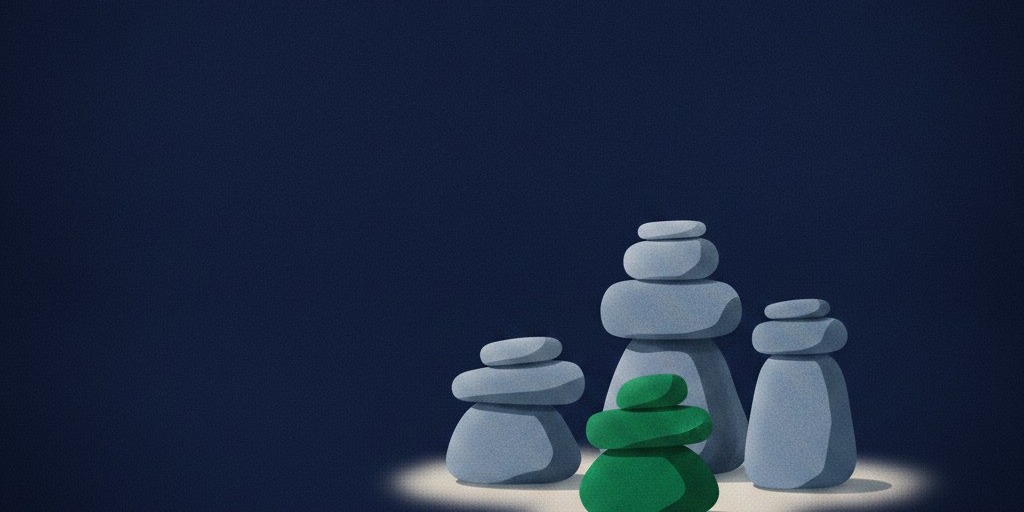 Editorial illustration for the Pipeline CRM best field sales CRM guide: a tight asymmetric cluster of three matte sculptural cairn forms in three-quarter elevation, one emerald cairn sitting forward as the focal piece, evoking the wayfinding cairns that mark routes through remote terrain.