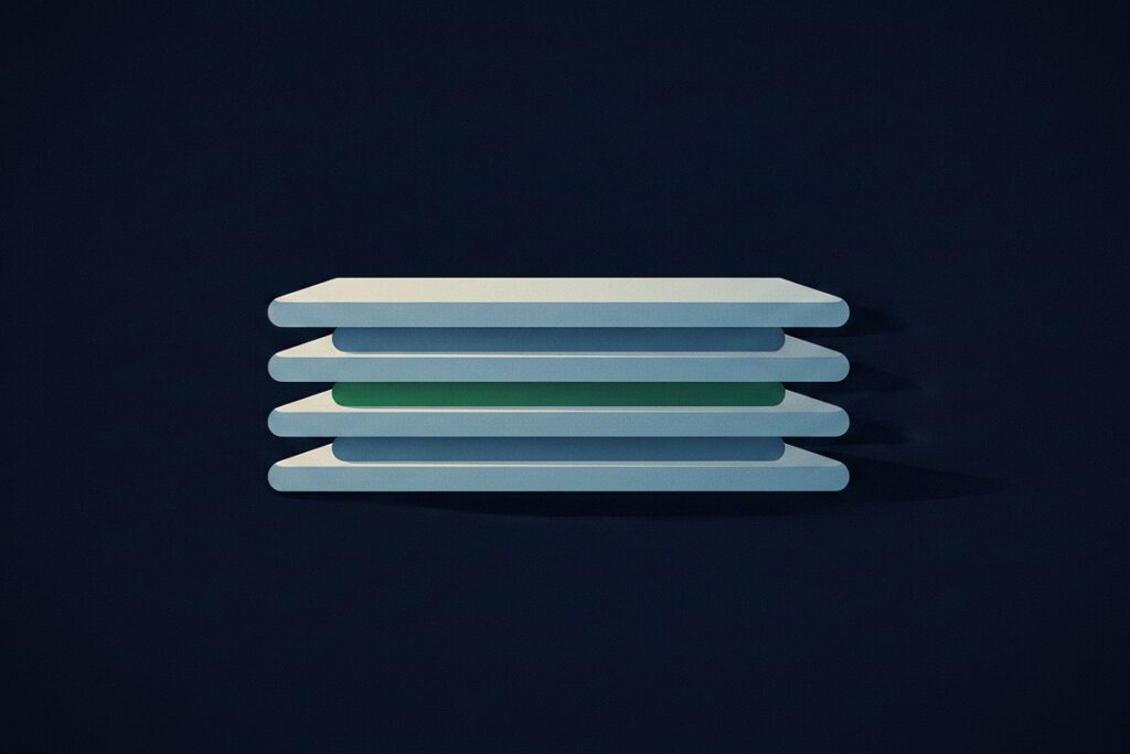 Abstract editorial illustration for Pipeline CRM's best manufacturing CRM guide: a matte stack of layered plates with one emerald layer marking the standout choice