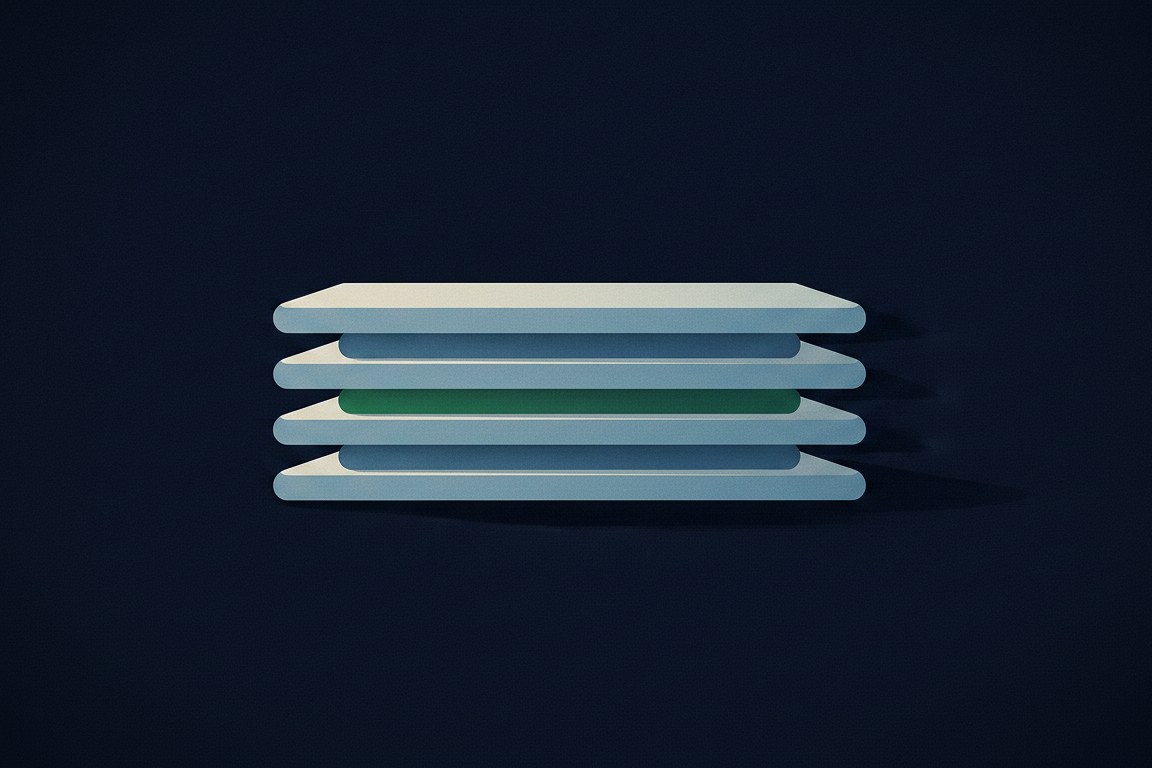 Editorial illustration for the Pipeline CRM best manufacturing CRM 2026 guide: stack of layered laminations in deep navy with one emerald layer signaling the highlighted entry.