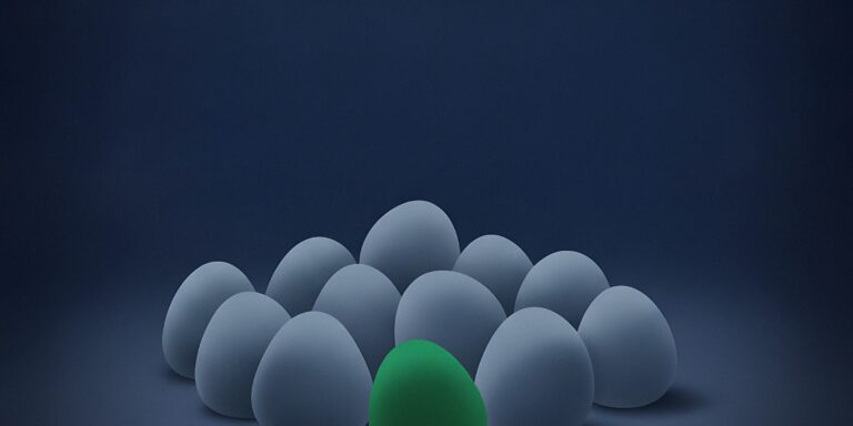 Editorial illustration of an asymmetric cluster of ten matte navy ovoid forms with one emerald ovoid sitting forward as the focal piece for the Pipeline CRM 2026 best pipeline CRM comparison