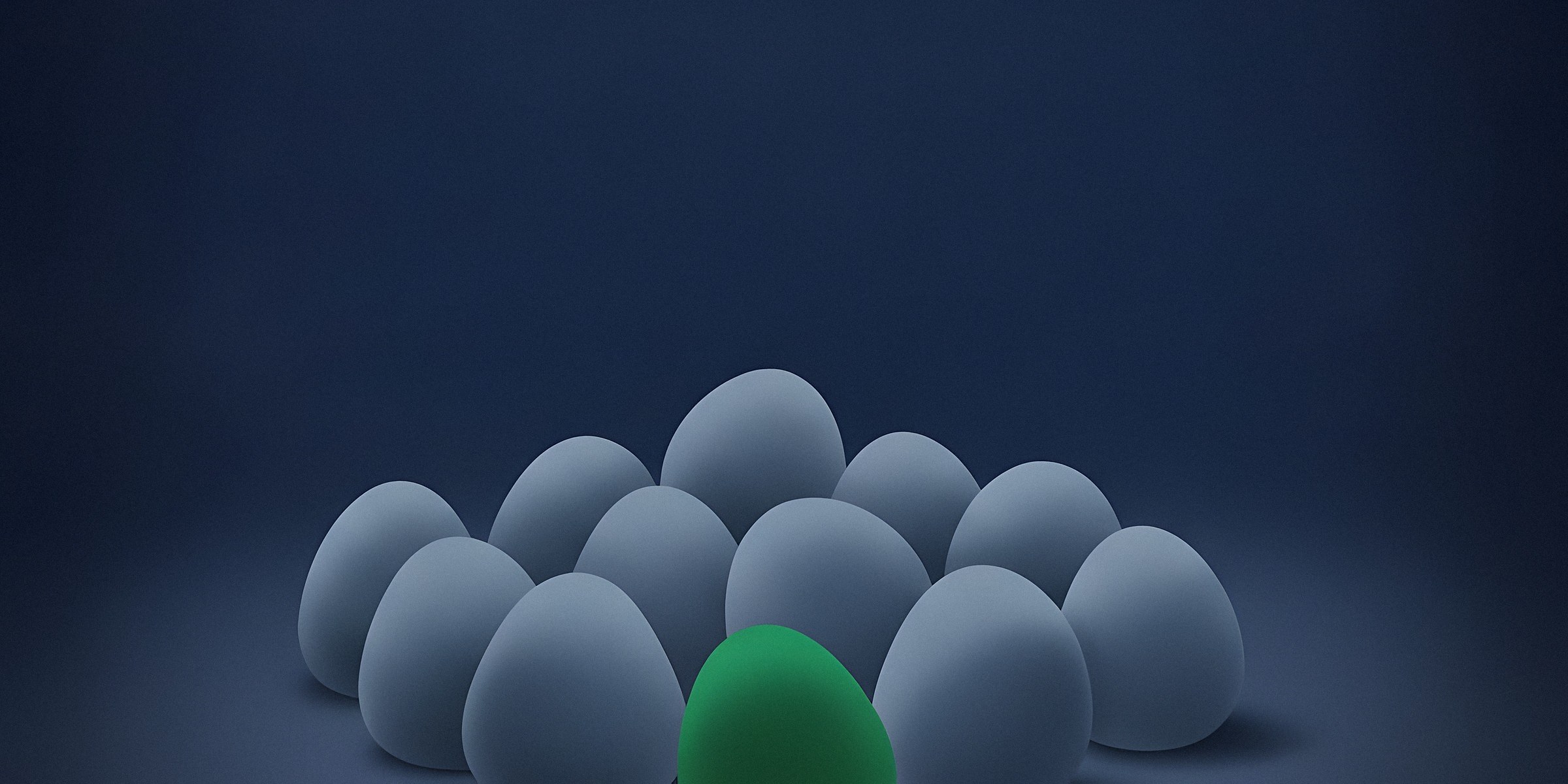 Editorial illustration of an asymmetric cluster of ten matte navy ovoid forms with one emerald ovoid sitting forward as the focal piece for the Pipeline CRM 2026 best pipeline CRM guide.