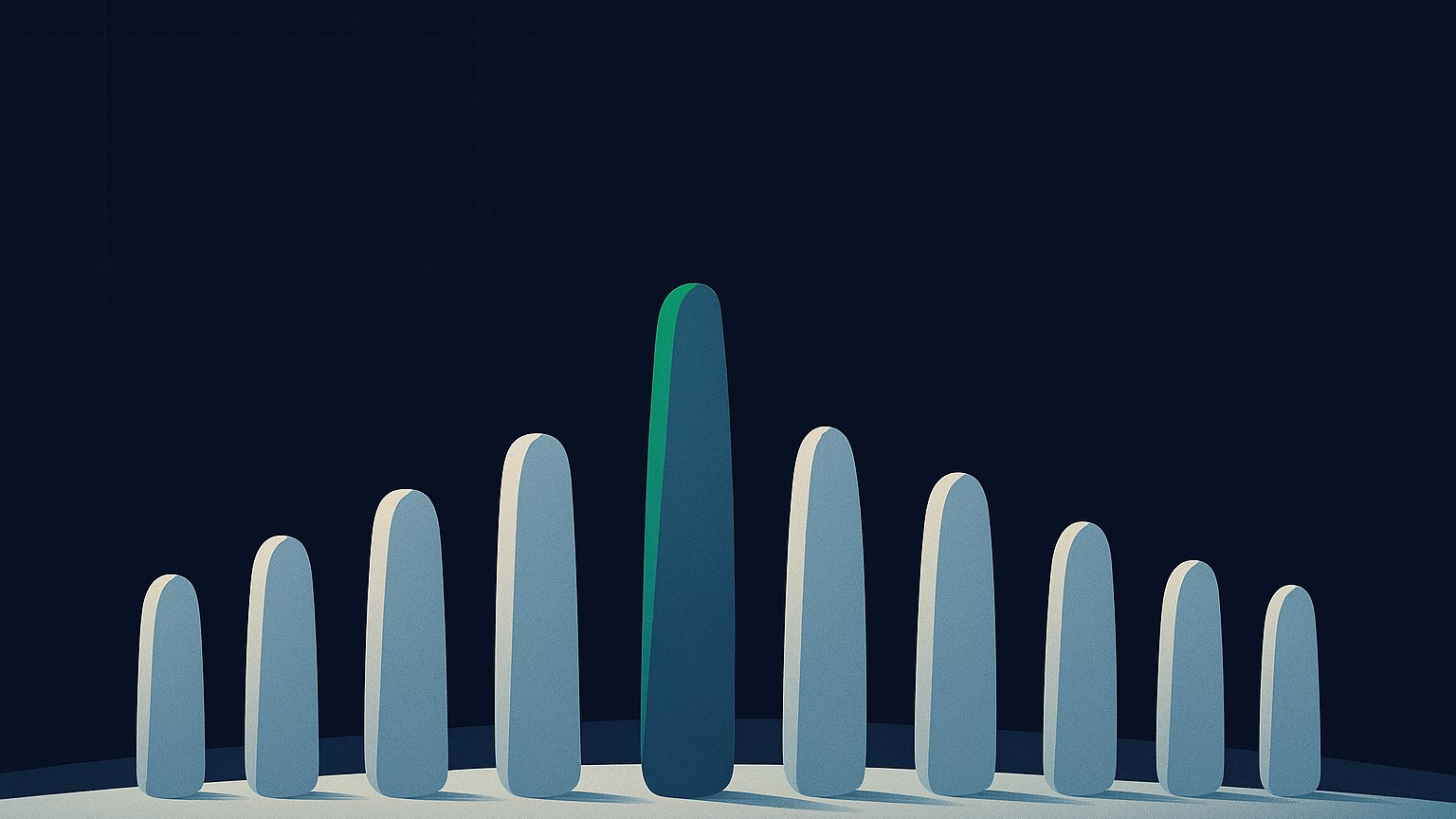 Editorial illustration for the Pipeline CRM best sales CRM software guide: ten sculptural standing stones in a shallow arc on a dark plain, with one emerald green monolith standing tallest among them.
