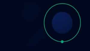 Editorial illustration for the Pipeline CRM performance benchmark report: emerald concentric ring around a navy disc with a mint accent, set in cinematic dark navy negative space.