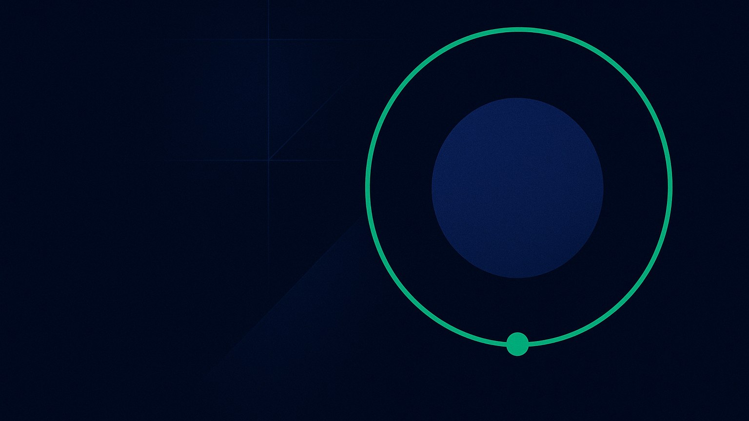 Editorial illustration for the Pipeline CRM performance benchmark report: emerald concentric ring around a navy disc with a mint accent, set in cinematic dark navy negative space.