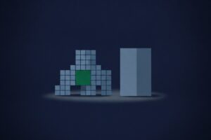 Editorial illustration comparing a custom-built modular CRM structure with a solid off-the-shelf block, for the Pipeline CRM build versus buy guide