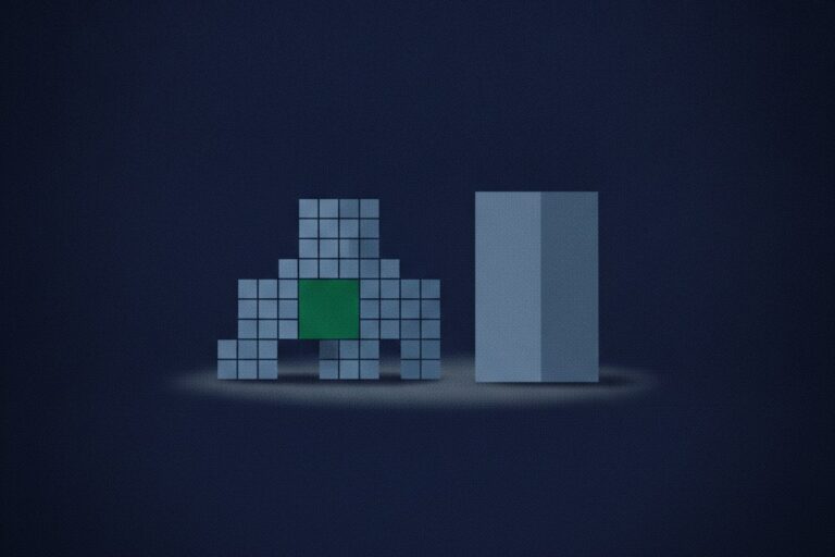 Editorial illustration comparing a custom-built modular CRM structure with a solid off-the-shelf block, for the Pipeline CRM build versus buy guide