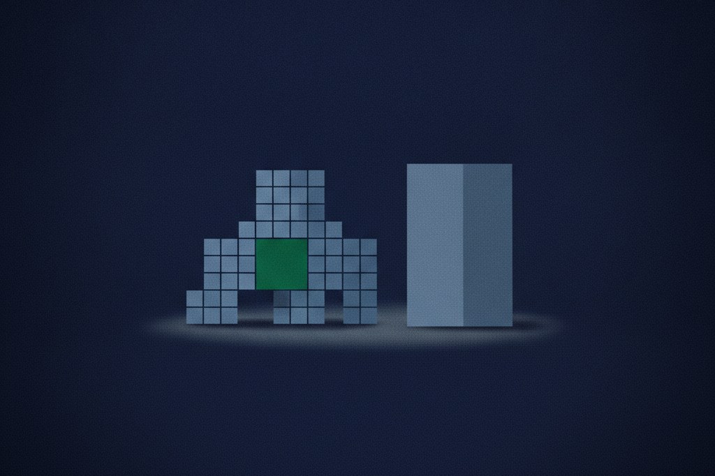 Editorial illustration comparing a custom-built modular CRM structure with a solid off-the-shelf block, for the Pipeline CRM build versus buy guide