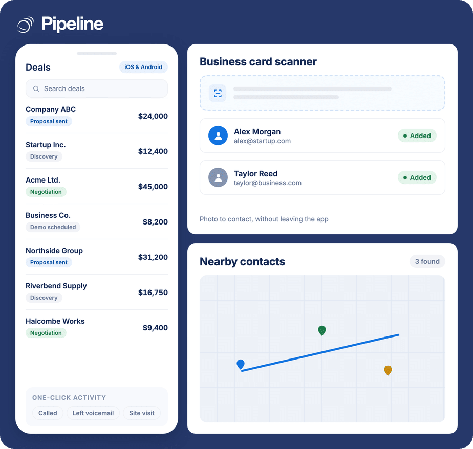 The Pipeline CRM mobile app with a deal list, business card scanner and nearby contacts