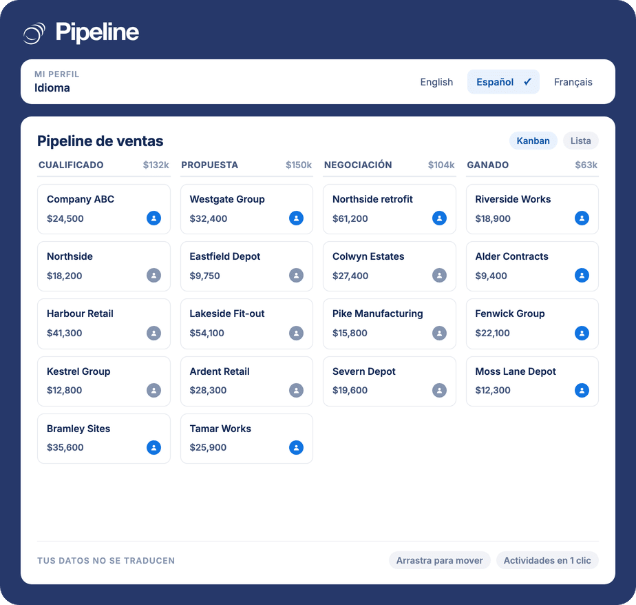 A Pipeline CRM sales pipeline with its stages and controls in Spanish while the deal names stay in English, below the per-user language picker set to Espanol