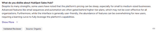 G2 user review explaining challenges with HubSpot features