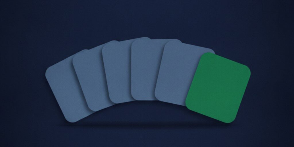 Editorial illustration of six matte navy cards fanned like options with one emerald card drawn clear, for the Pipeline CRM guide to Pipedrive alternatives