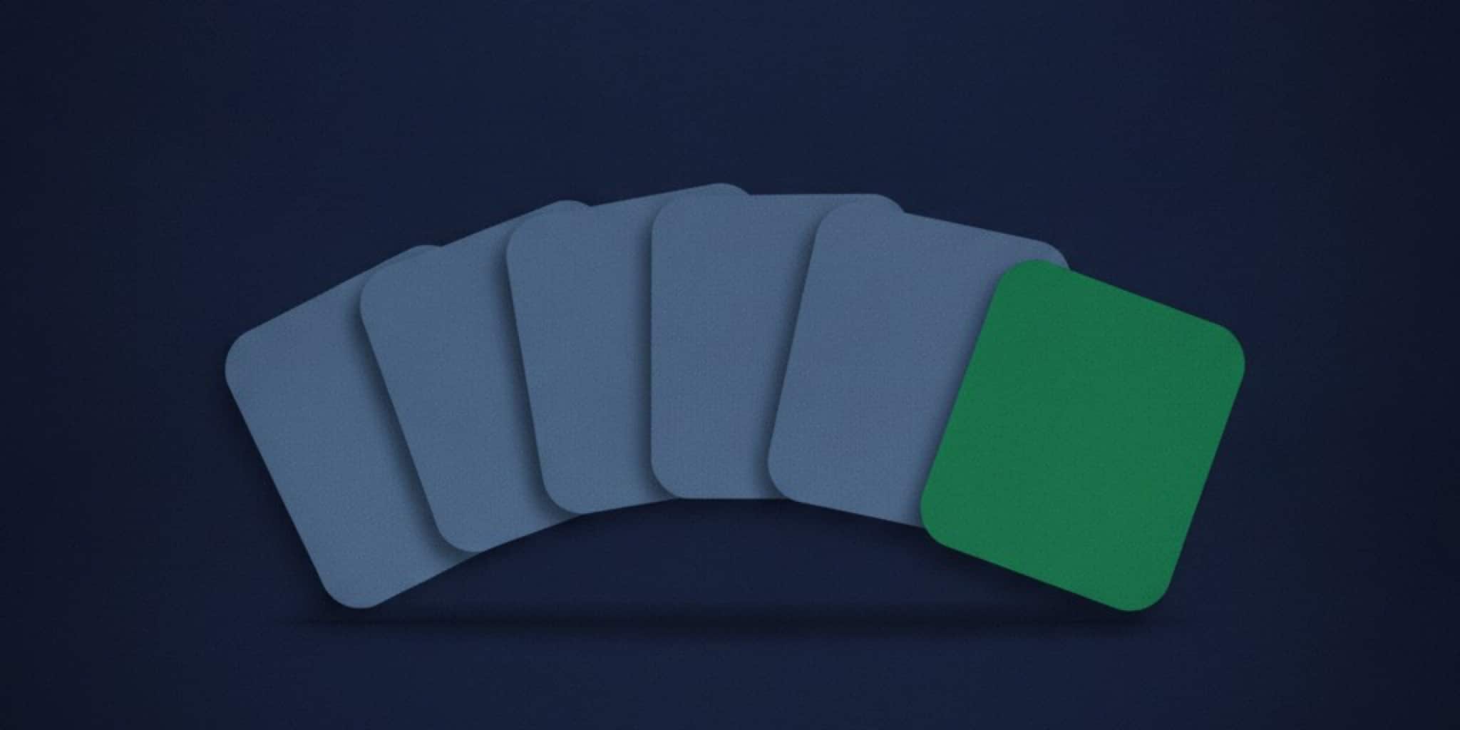 Editorial illustration of six matte navy cards fanned like options with one emerald card drawn clear, for the Pipeline CRM guide to Pipedrive alternatives