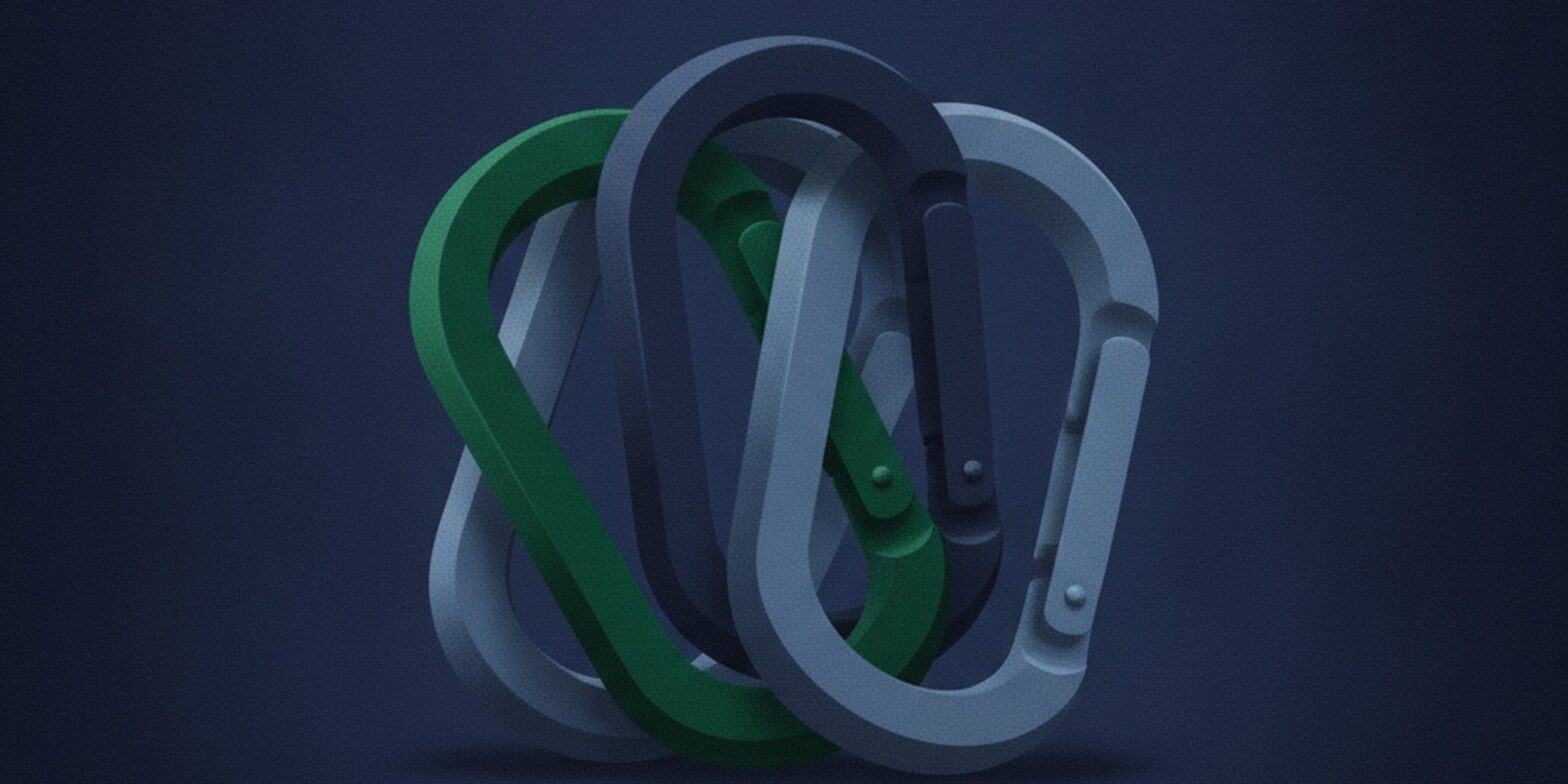Editorial illustration for the Pipeline CRM guide to the best CRMs with Zapier integration: a balanced cluster of matte sculptural carabiner-clip forms in three-quarter elevation, one emerald as the focal piece, evoking how Zapier bridges tools cleanly.
