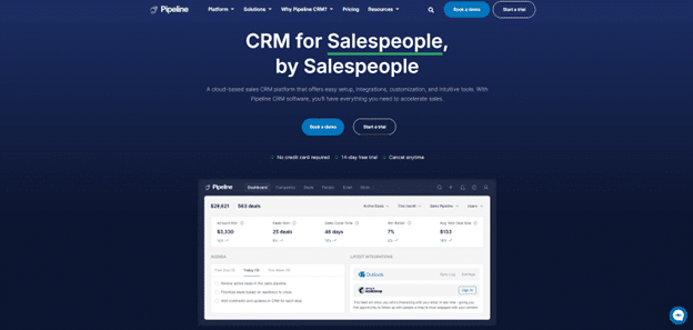 Screenshot of Pipeline CRM’s homepage and intuitive interface
